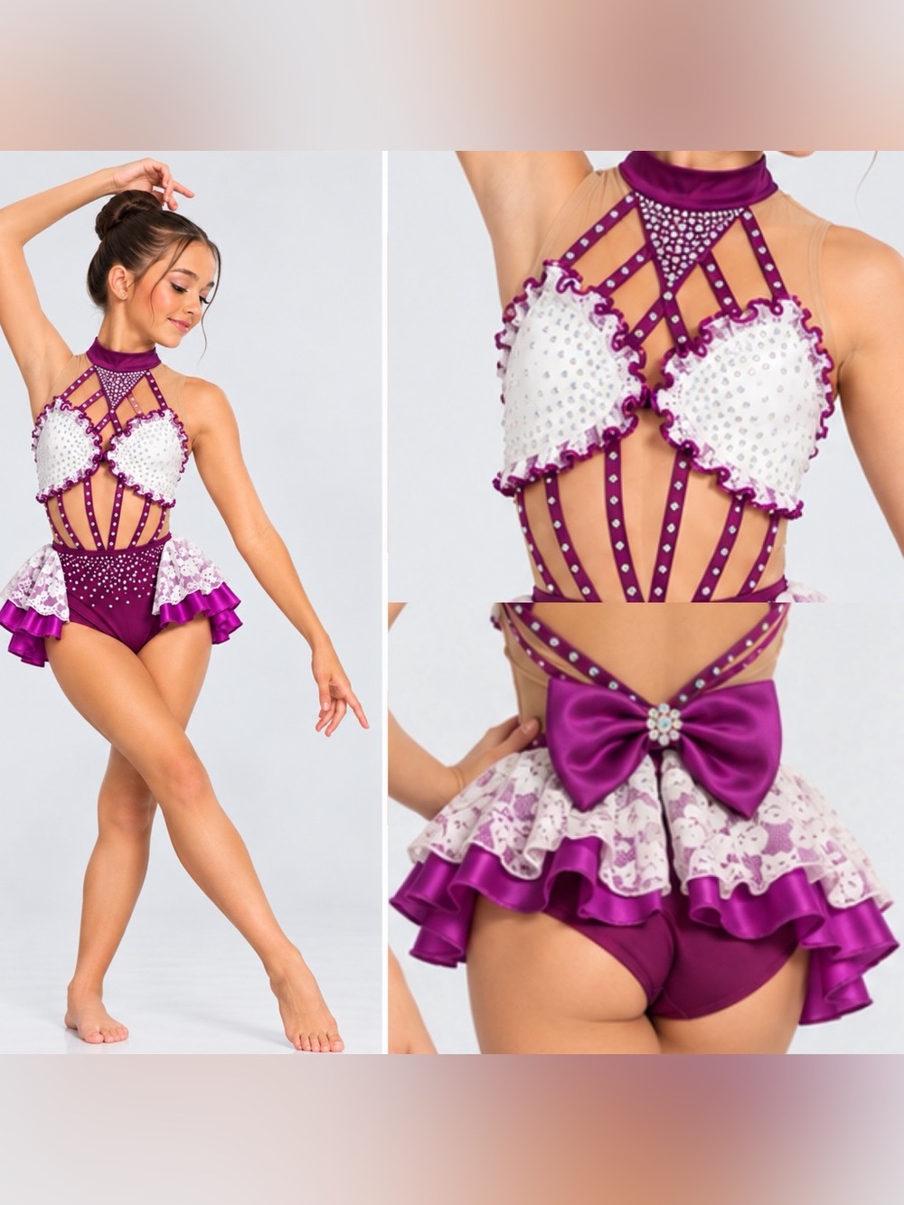 Custom Solo rhinestoned Dance Costume purple child 6/8 sassy ruffle bow